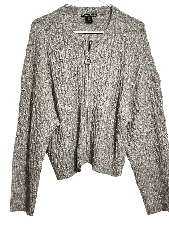 Christian Lacroix Sweaters - Christian Lacroix Gray Cable Knit Rhinestone Zip Front Cardigan Women’s Large